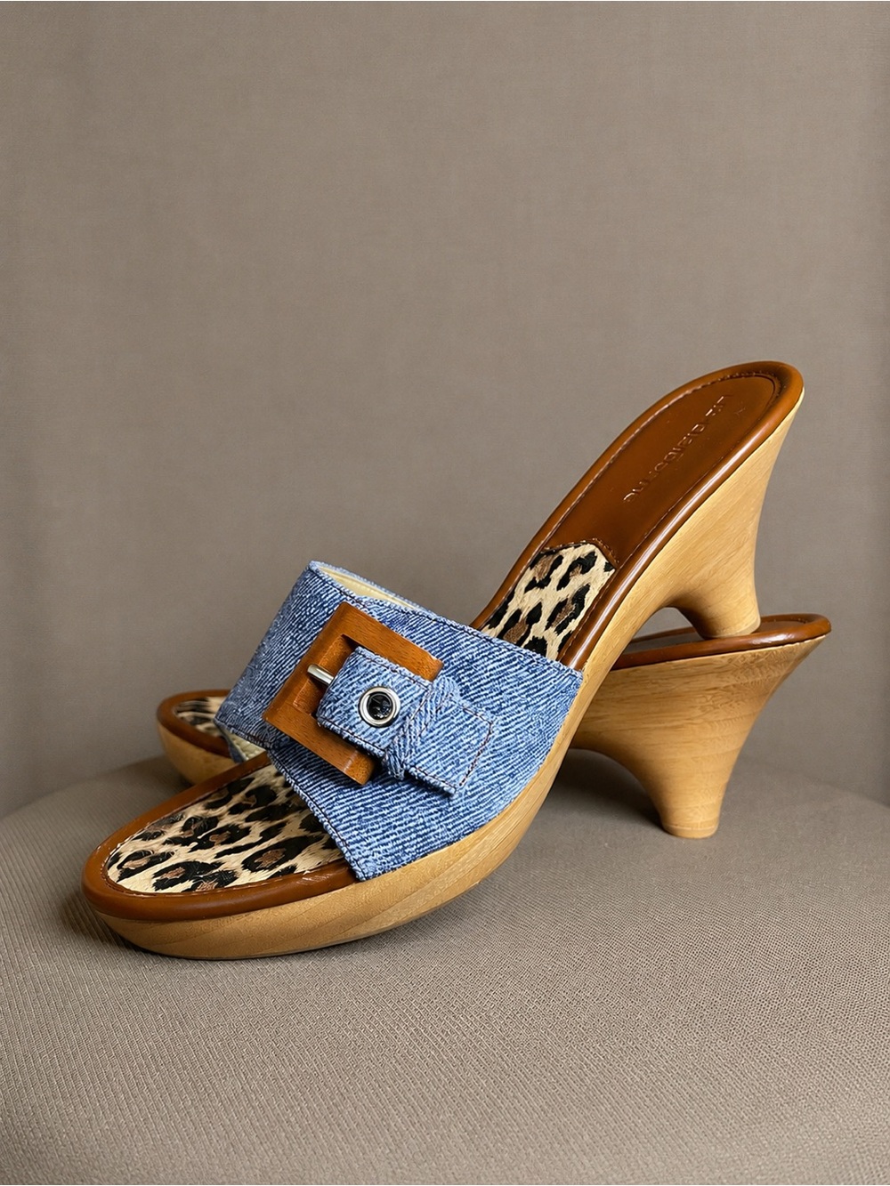 Vintage Liz Claiborne Denim & Leopard Print Wooden Heel Mules | Y2K